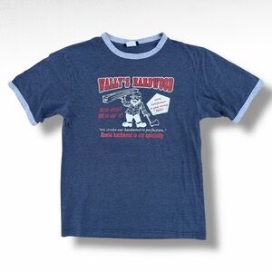 Vintage Y2K Rue 21 Hardwood Graphic Ringer T-Shirt Medium Heather Blue Funny